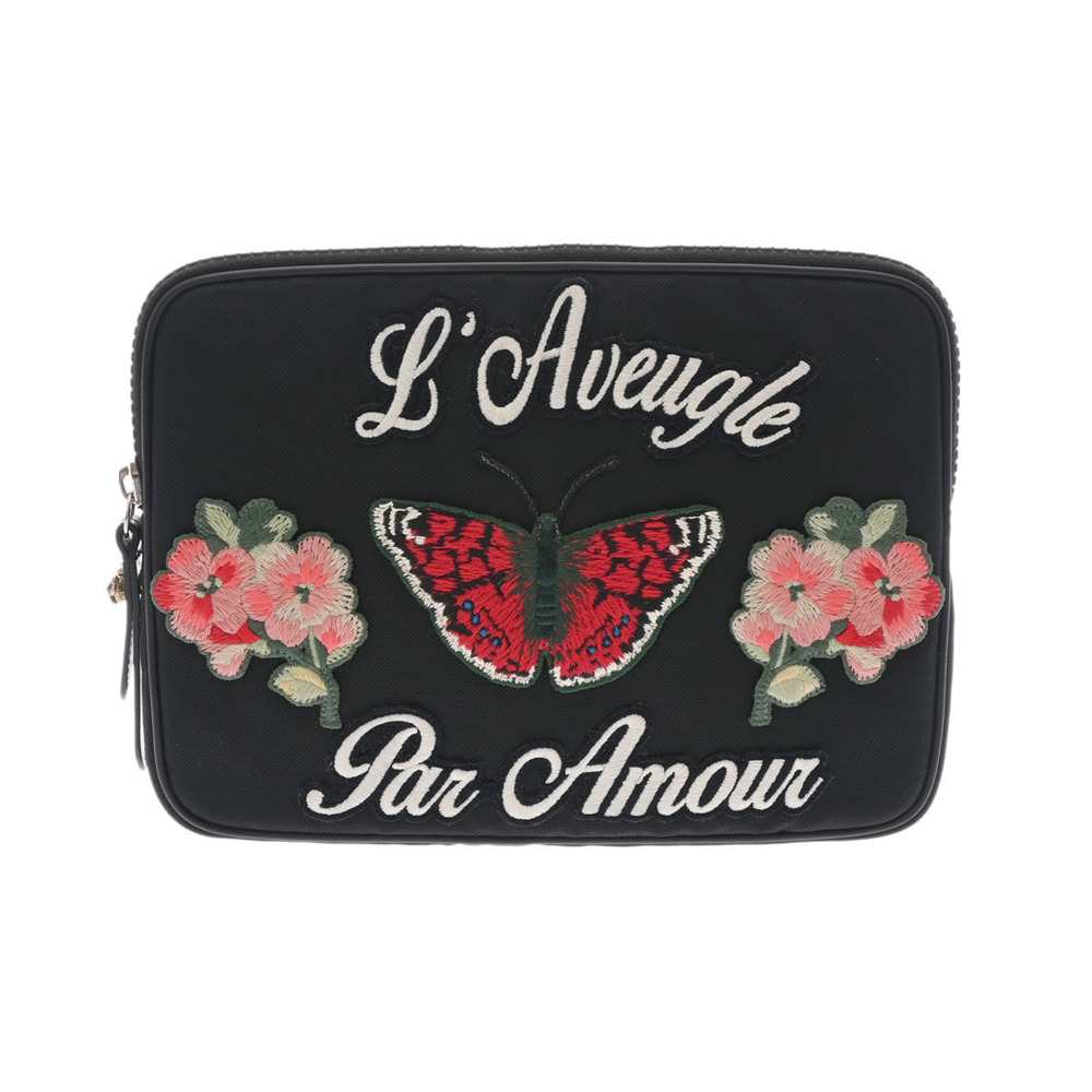 Gucci Butterfly Embroidery Laptop Case Black Nylon Clutch Bag
